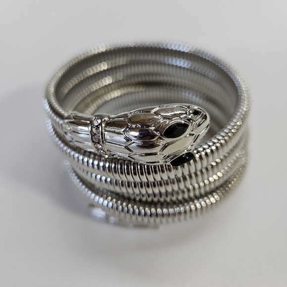 Unique Snake Wrap Around Coil Silver-Tone Rhinestone Bracelet - Picture 5 of 7